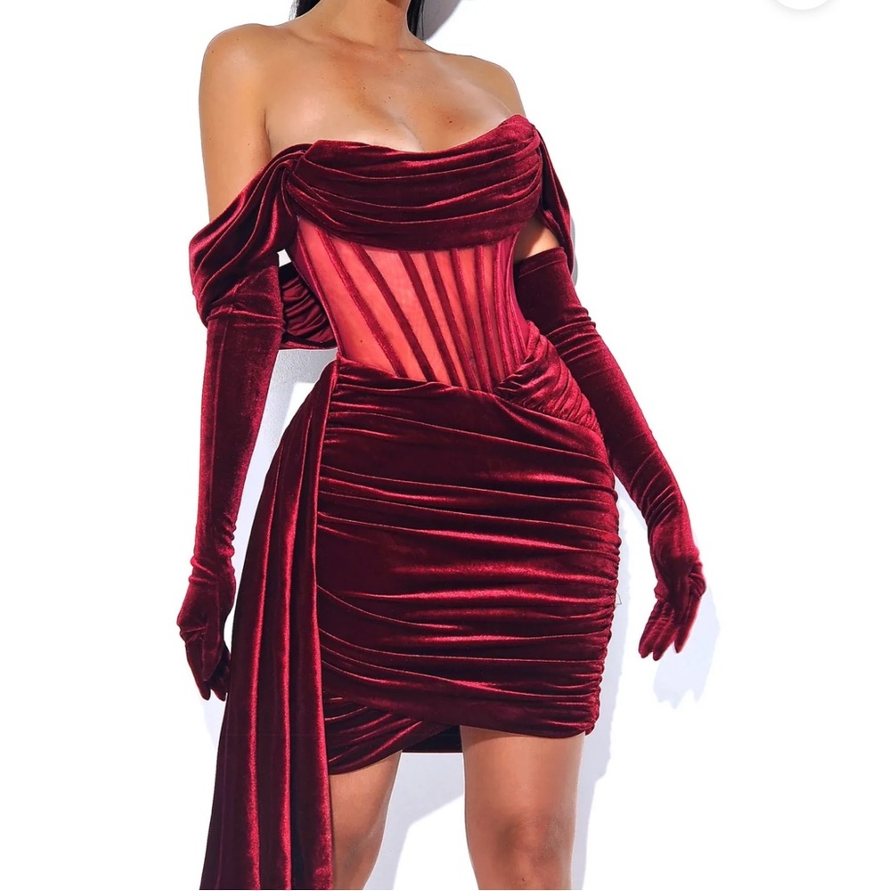 Irisa Burgundy Draping Off Shoulder Corset Dress